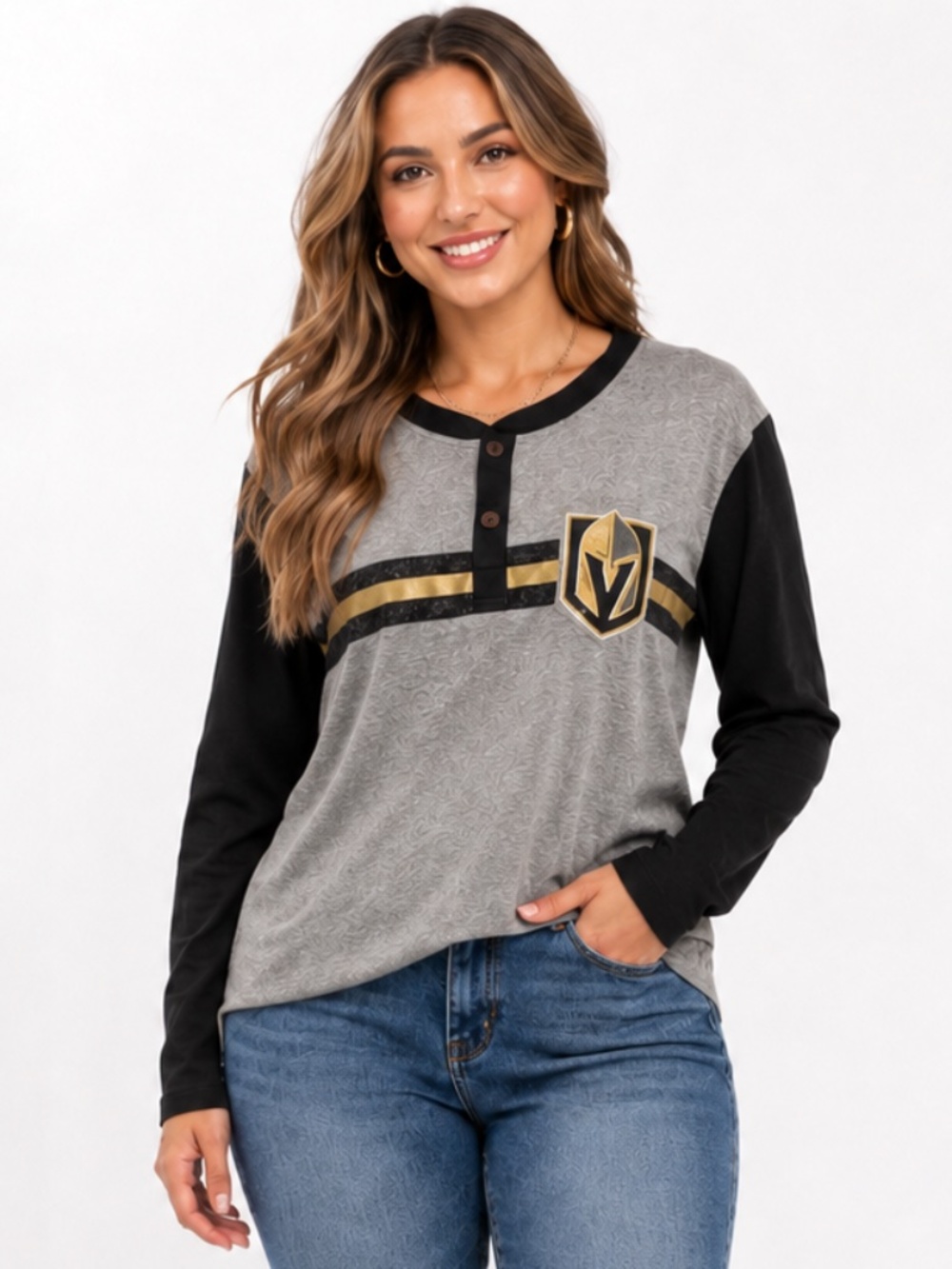 FANATICS Vegas Golden Knights True Classics Retro Stripe Henley Gray Black L